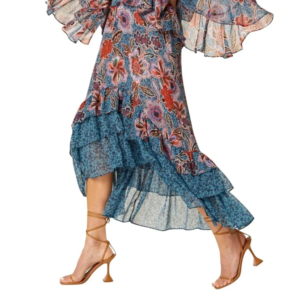 NWT MISA Los Angeles Esti Floral High-Low Midi‎ Skirt Ruffle Trim Cerulean Sz XS